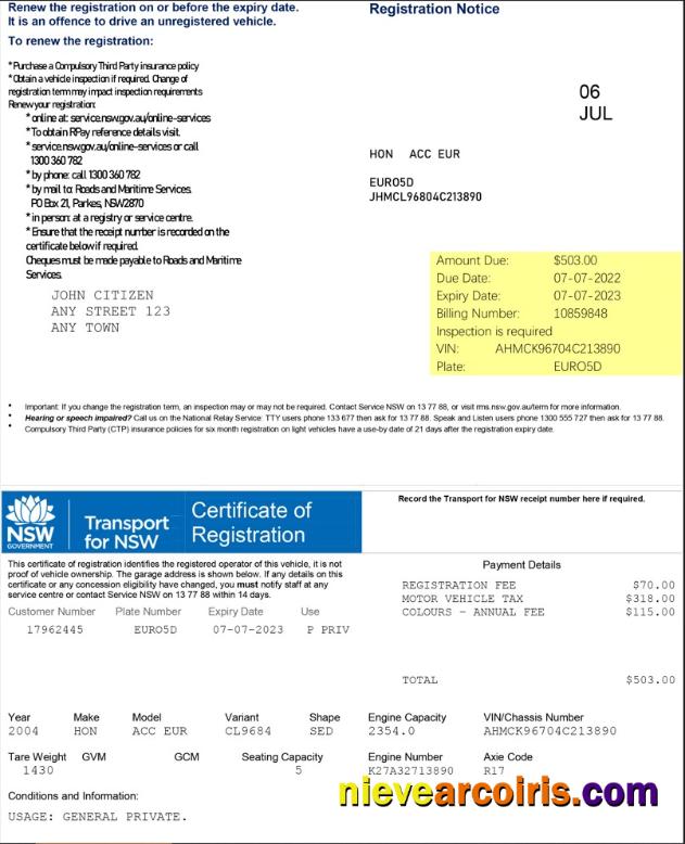 Australia Transport for NSW Registration certificate